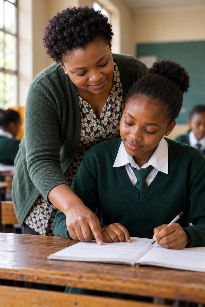 An educator working alongside a uniformed learner in a South African classroom.