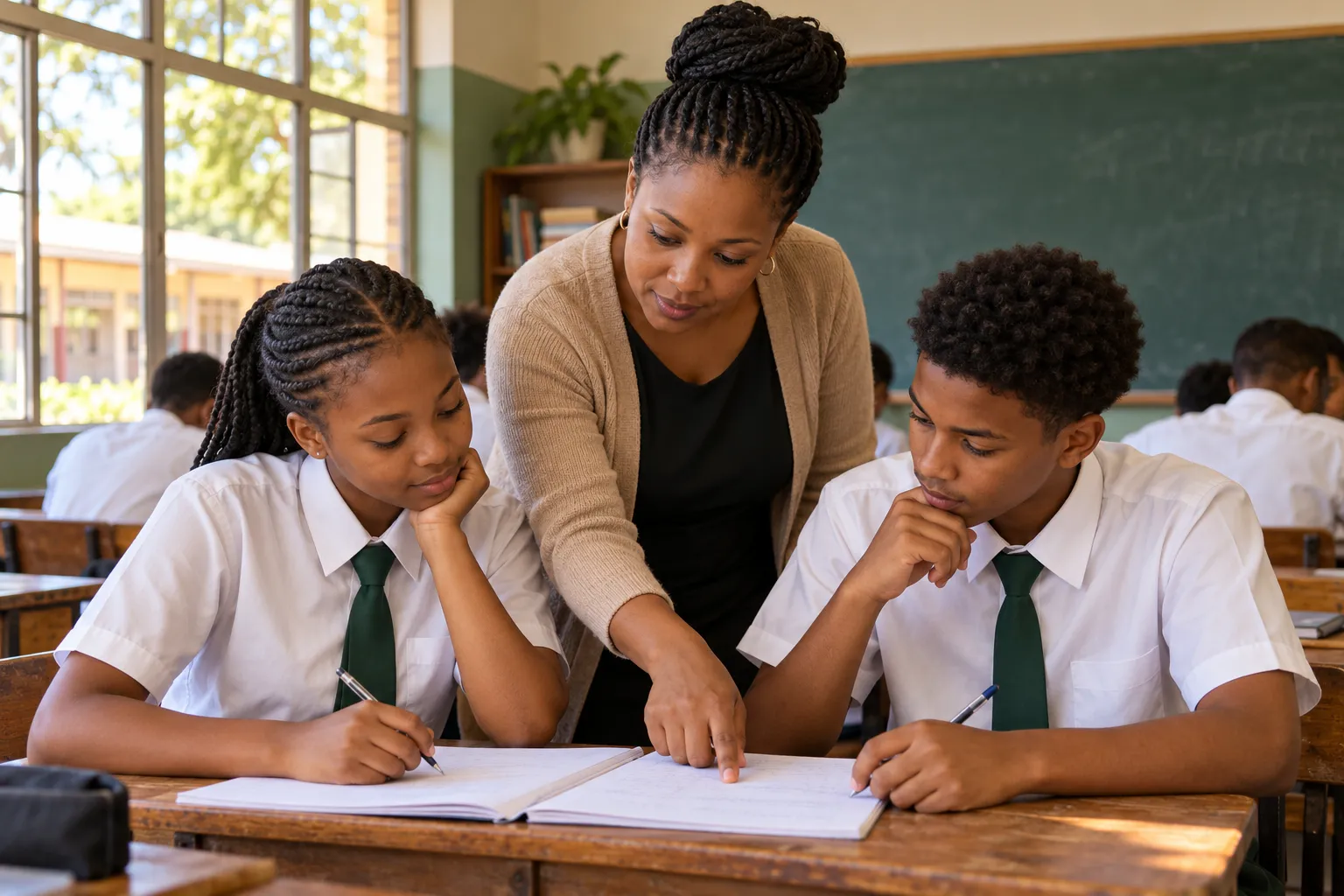 Illustrative South African classroom: an educator supports two learners wearing white shirts and green school ties